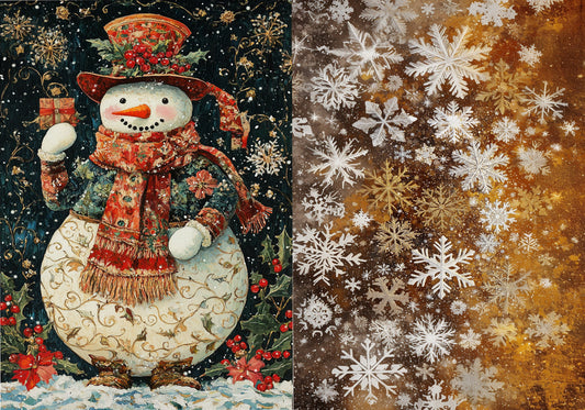 Reba Rose Creations, Rice Paper for Decoupage, Mixed Media, Nostalgic Snowman,  Snowflakes, Christmas, RR-99, A3, 11.7 x 16.5
