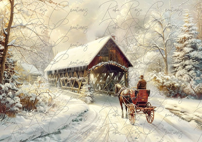 Reba Rose Creations, Rice Paper for Decoupage, Mixed Media, Home for Christmas, Winter Snow Landscape, Carriage, Bridge, A3, 11.7 x 16.5 Reba Rose