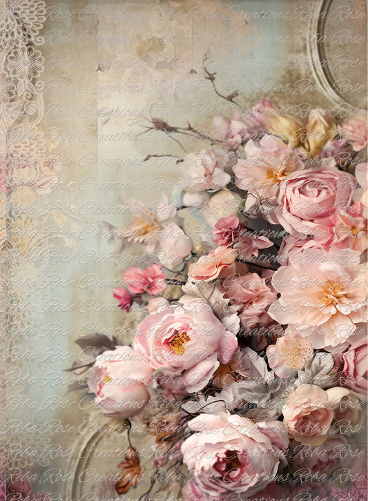 Reba Rose Creations, Rice Paper for Decoupage, Mixed Media, Pink Roses, Flowers, Background, Wallpaper, Background, A3-149, 11.7 x 16.5