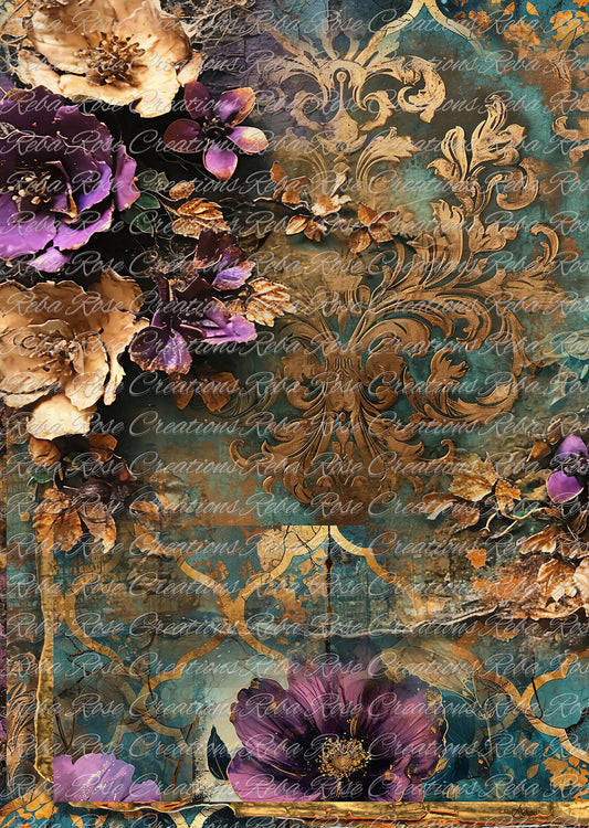 Reba Rose Creations, Rice Paper for Decoupage, Mixed Media, Gold, Turquoise, Damask, Flowers, Wallpaper, Background, A3-151, 11.7 x 16.5