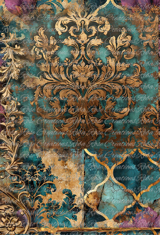 Reba Rose Creations, Rice Paper for Decoupage, Mixed Media, Gold, Turquoise, Damask, Wallpaper, Background, A3-152, 11.7 x 16.5