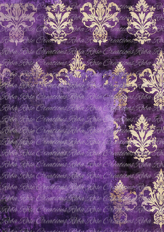 Reba Rose Creations, Rice Paper for Decoupage, Mixed Media, Gold, Purple, Damask, Wallpaper, Background, A3-158, 11.7 x 16.5