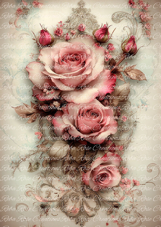 Reba Rose Creations, Rice Paper for Decoupage, Mixed Media, Pink Roses, Flowers, Background, Wallpaper, Background, A3-174, 11.7 x 16.5