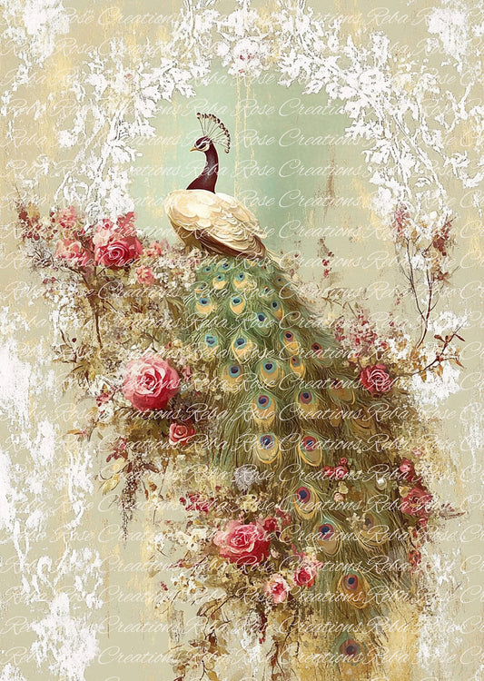 Reba Rose Creations, Rice Paper for Decoupage, Mixed Media, Peacock, Pink Roses, A3-175, 11.7 x 16.5