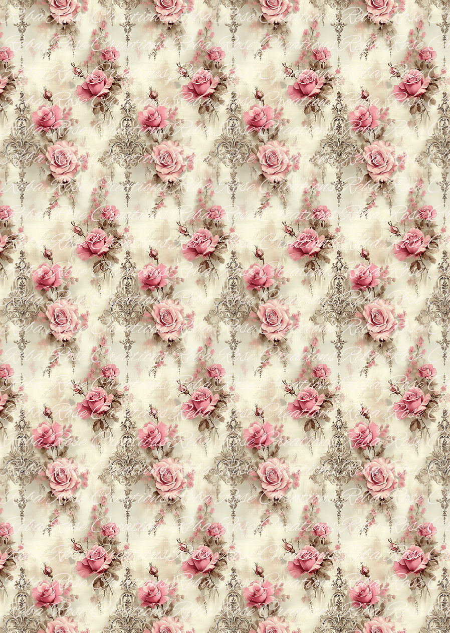 Reba Rose Rice Paper for Decoupage | Vintage Pink Roses Floral Pattern, Background | Shabby Chic Design, Furniture Upcycle, A3 11.7 x 16.5