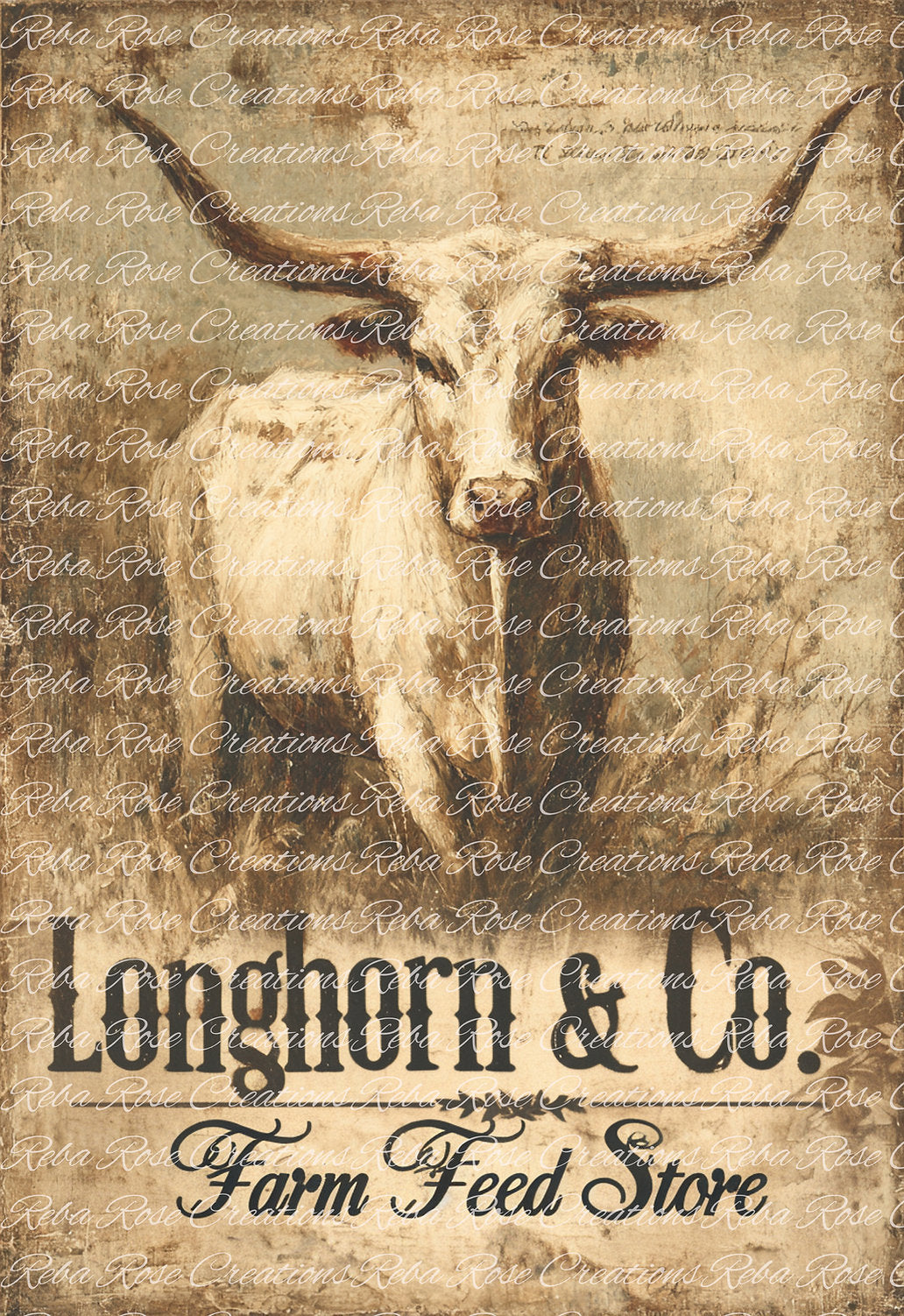 Reba Rose Creations, Rice Paper for Decoupage, Mixed Media, Farmhouse Longhorn, Cow, Country, A3, 11.7 x 16.5