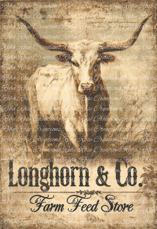 Reba Rose Creations, Rice Paper for Decoupage, Mixed Media, Farmhouse Longhorn, Cow, Country, A3, 11.7 x 16.5