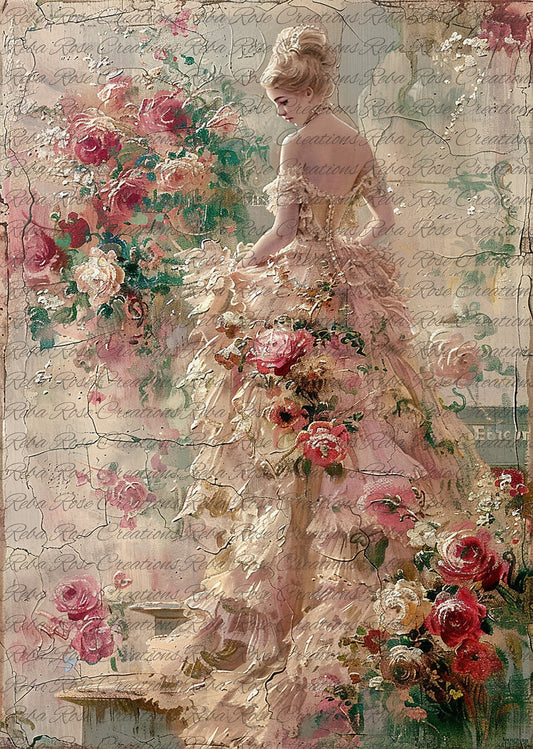 Reba Rose Rice Paper Decoupage | Victorian Lady Roses Flowing Dress | A3 11.7 x 16.5 Mixed Media, Furniture Upcycle