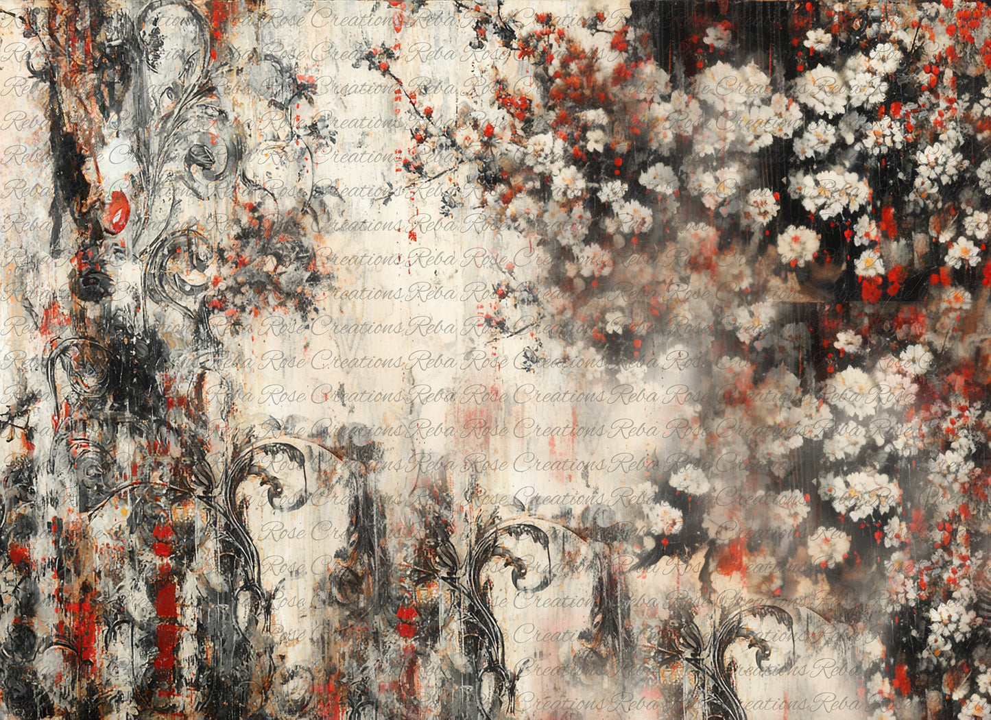 Reba Rose Rice Paper, Decoupage | Vintage Floral Roses Background | A3 Red, Black, White, Mixed Media, Furniture Upcycle