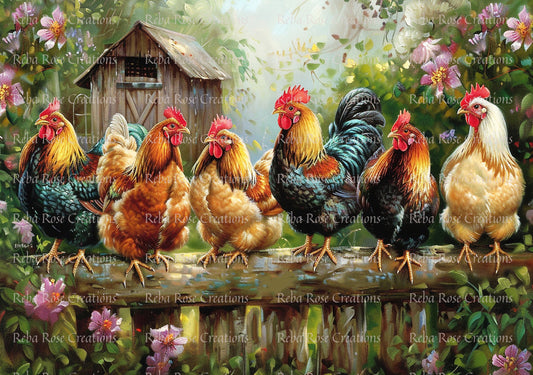 Reba Rose Creations, Rice Paper for Decoupage, Mixed Media, Farm, Chicken Line, Roosters, Country, A3-39, 11.7 x 16.5
