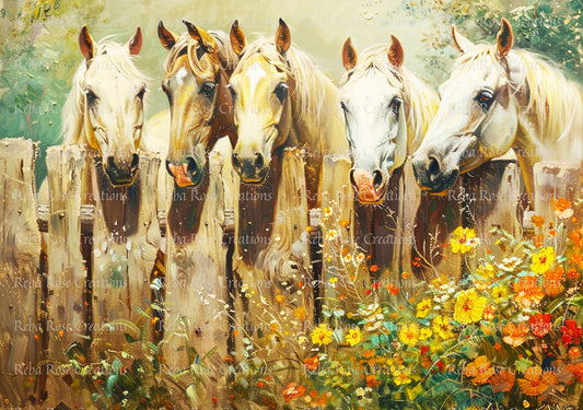 Reba Rose Creations, Rice Paper for Decoupage, Mixed Media, Farm, White Horses, Meadow, Fence, Country, A3-41, 11.7 x 16.5