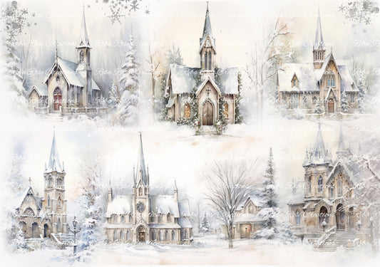 Reba Rose Creations, Rice Paper for Decoupage, Mixed Media, Winter Churches, Squares, Christmas, Snow Landscape, A3-85, 11.7 x 16.5