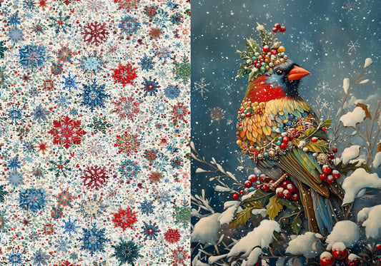 Reba Rose Creations, Rice Paper for Decoupage, Mixed Media, Christmas, Busted Blue Cardinal, Snow, Background, A3, 11.7 x 16.5