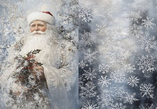 Reba Rose Creations, Rice Paper for Decoupage, Mixed Media, Nostalgic, Santa Claus, Blue, Christmas, Snowflakes, 98, A3, 11.7 x 16.5
