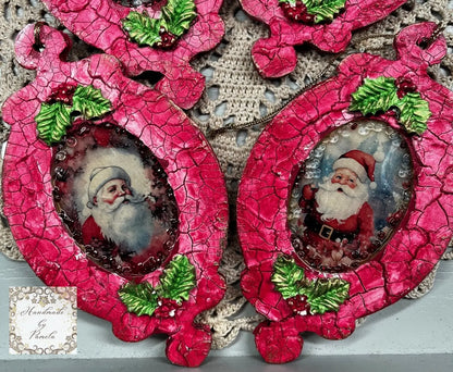 Handcrafted, laser cut MDF, Decoupage, Mixed Media, Christmas Ornament Set of 4, Santa Claus Handmade by Pamela