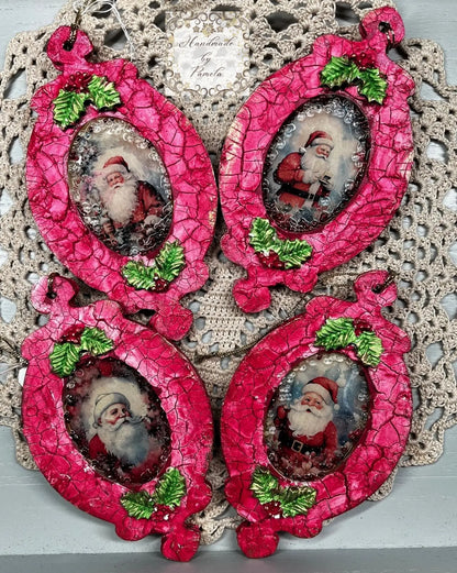 Handcrafted, laser cut MDF, Decoupage, Mixed Media, Christmas Ornament Set of 4, Santa Claus Handmade by Pamela