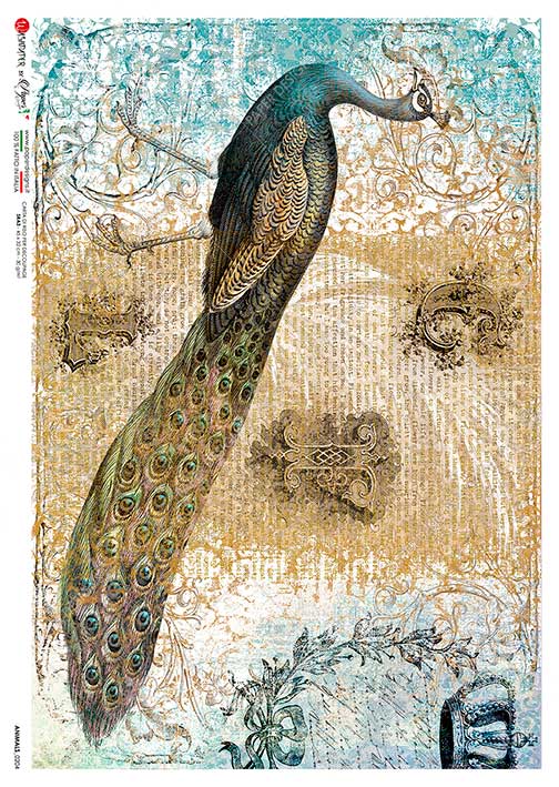 Paper Designs Rice Paper for Decoupage, Vintage Style Peacock, A4 8.6” x 12.5”,  Rice Paper for Decoupage, Mixed Media