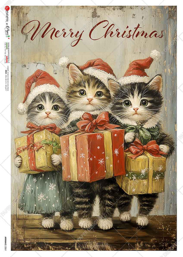 Paper Designs, Rice Paper, 2024 Release, Merry Christmas, Kittens, Gifts, 0261, A4, 8.3" X 11.7"  Decoupage, Mixed Media