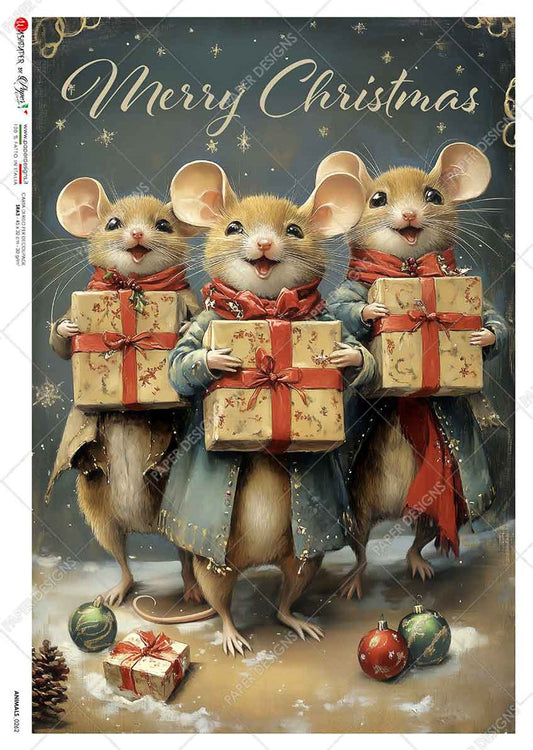 Paper Designs, Rice Paper, 2024 Release, Merry Christmas Mice, Gifts, 0262, A4, 8.3" X 11.7"  Decoupage, Mixed Media
