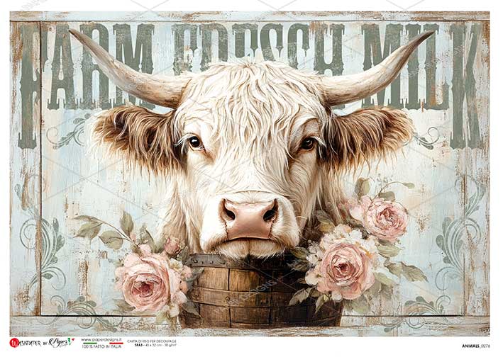 Paper Designs, Rice Paper, Country, Highland Cow, Roses, Farm Fresh, 2025 Release, 0276, A4, 8.3" X 11.7", Decoupage, Mixed Media