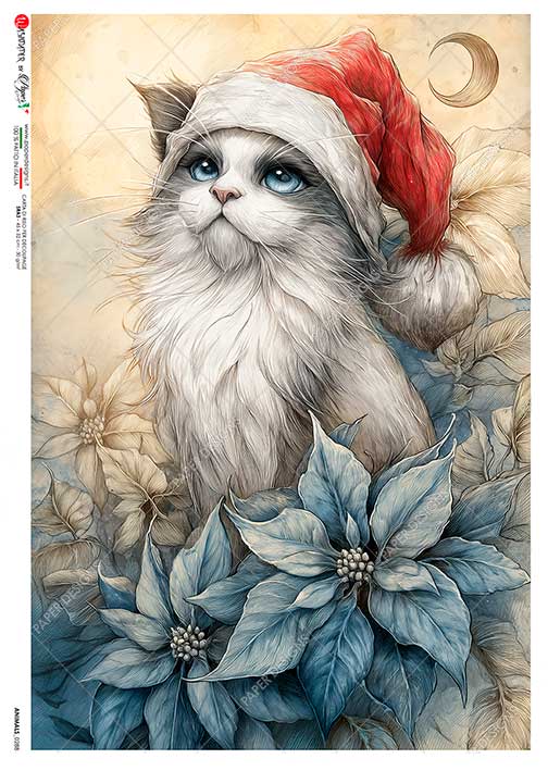 Paper Designs Rice Paper, Christmas Kitten, Blue Poinsettia, Decoupage, Mixed Media, Scrapbooking, A4 8.6” x 12.5”