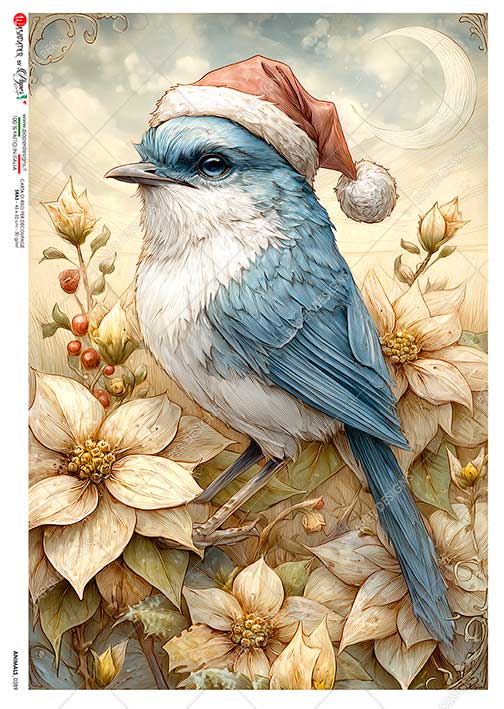 Paper Designs Rice Paper, Christmas Blue Bird, Poinsettia, Decoupage, Mixed Media, Scrapbooking, A4 8.6” x 12.5”