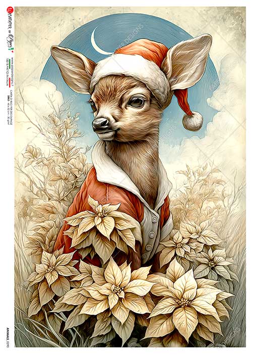 Paper Designs Rice Paper, Christmas Baby Deer, Santa Outfit, Decoupage, Mixed Media, Scrapbooking, A4 8.6” x 12.5”
