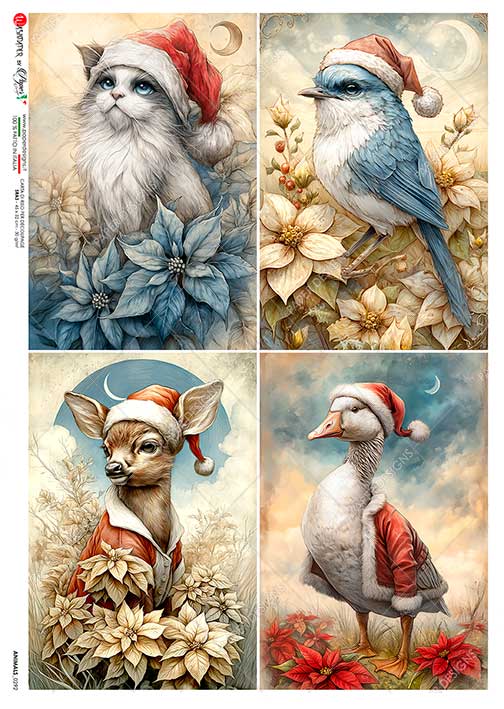 Paper Designs Rice Paper, Christmas Animals,  Kitten, Blue Bird, Deer, Duck, Decoupage, Mixed Media, Scrapbooking, A4 8.6” x 12.5”