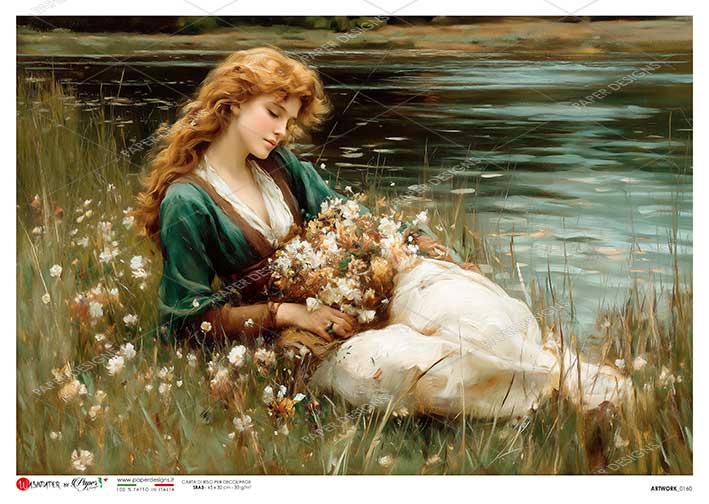 Paper Designs Rice Paper, Artwork, Woman by a Lake, Vintage Style, Decoupage, Mixed Media, A4, Made in Italy