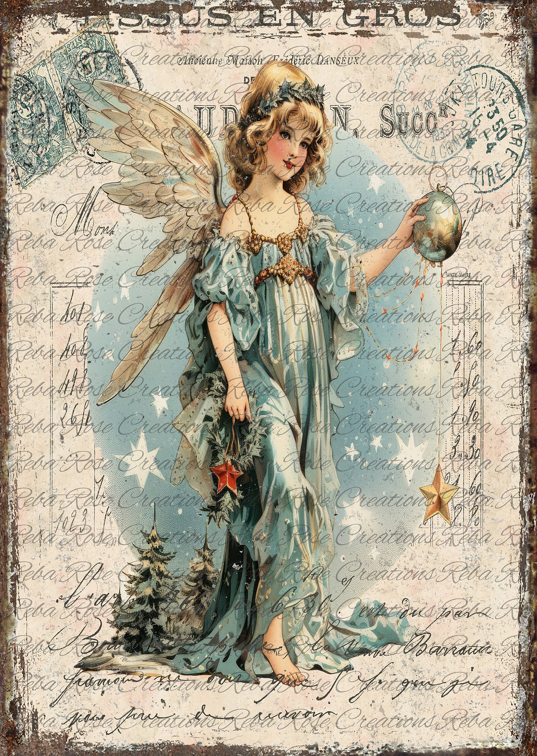 Reba Rose Creations, Rice Paper for Decoupage, Mixed Media, Blue Christmas Angel, Vintage Style, Shabby Chic, A4, 8.27 X 11.6