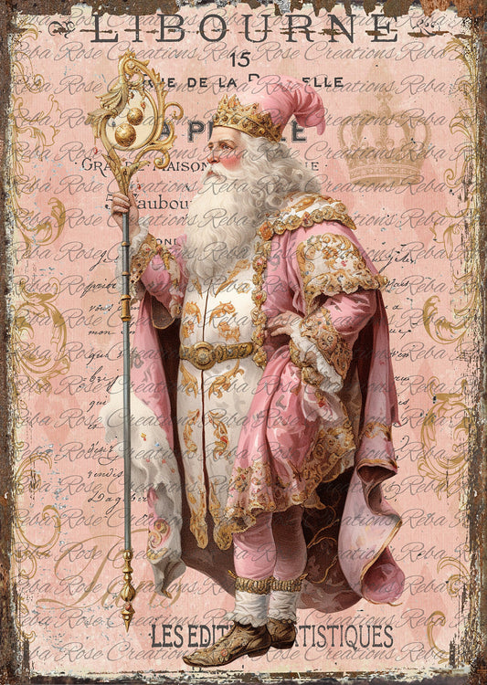 Reba Rose Creations, Rice Paper for Decoupage, Mixed Media, Celestial French Santa, Christmas, Pink, A4, 8.27 X 11.6