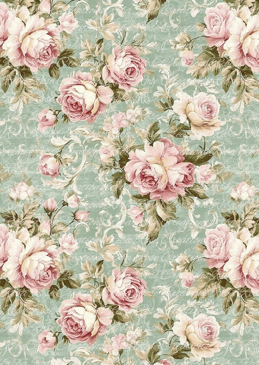 Reba Rose Creations, Rice Paper for Decoupage, Mixed Media, Sage Green, Roses, Shabby Chic, Vintage Style, Wallpaper