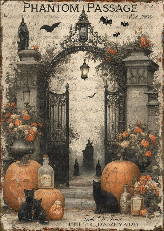 Reba Rose Creations, Rice Paper for Decoupage, Halloween, Phantom Passage, Haunted Gate, Pumpkins, Mixed Media, AVC-232, A4, 8.27 X 11.6