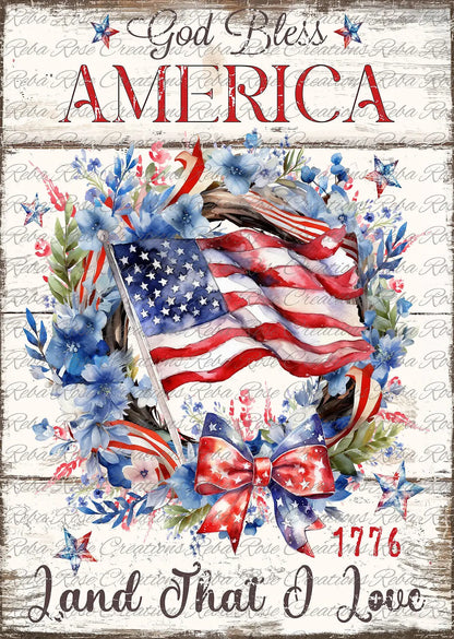 Reba Rose Creations, Rice Paper for Decoupage, Mixed Media, American Flag, God Bless America, Vintage, Patriotic, AVC75, A4 8.27 X 11.6 Reba Rose