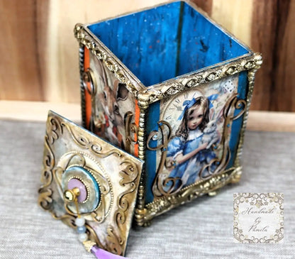 Handcrafted, Decoupage, Mixed Media, Gift, Box, Alice in Wonderland, Laser Cut MDF Box Handmade by Pamela