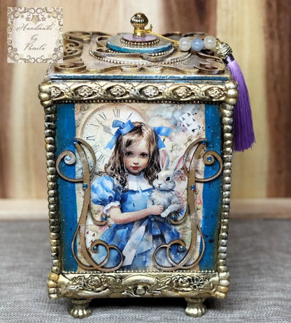 Handcrafted, Decoupage, Mixed Media, Gift, Box, Alice in Wonderland, Laser Cut MDF Box Handmade by Pamela
