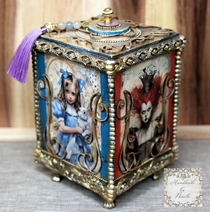 Handcrafted, Decoupage, Mixed Media, Gift, Box, Alice in Wonderland, Laser Cut MDF Box Handmade by Pamela