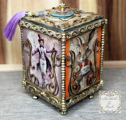 Handcrafted, Decoupage, Mixed Media, Gift, Box, Alice in Wonderland, Laser Cut MDF Box Handmade by Pamela