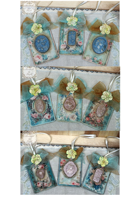 Handcrafted, Decoupage, Mixed Media, Set of 3 Gift Tags, Shabby Chic, Roses, Cameo, Vintage Style, Ornaments, Blue, Pink, Handmade by Pamela