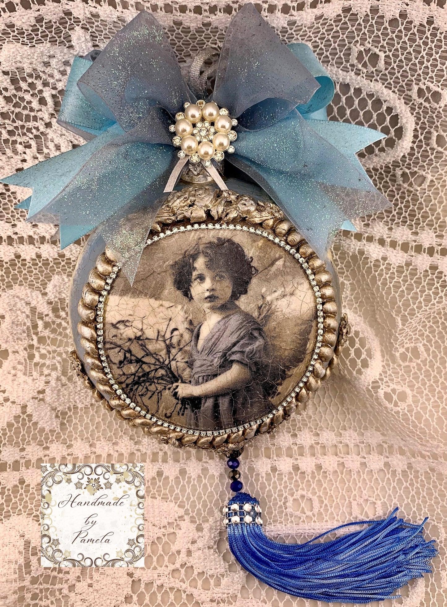 Handcrafted, Christmas, Shabby Chic, Vintage Style, Blue Little Girl Angel, Decoupage Disc Ornament, Nostalgic, Blue, Roses