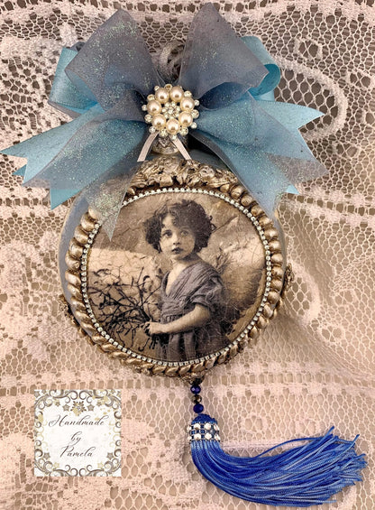 Handcrafted, Christmas, Shabby Chic, Vintage Style, Blue Little Girl Angel, Decoupage Disc Ornament, Nostalgic, Blue, Roses Handmade by Pamela
