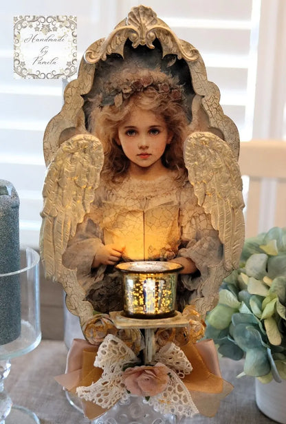 Handcrafted, Mixed Media, Decoupage, Beautiful, Angel, Flameless Candle, Wall Art, Sconce, Home Decor, Shabby Chic, Plaque, Laser Cut MDF Handmade by Pamela