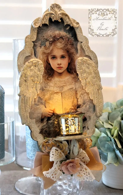 Handcrafted, Mixed Media, Decoupage, Beautiful, Angel, Flameless Candle, Wall Art, Sconce, Home Decor, Shabby Chic, Plaque, Laser Cut MDF Handmade by Pamela