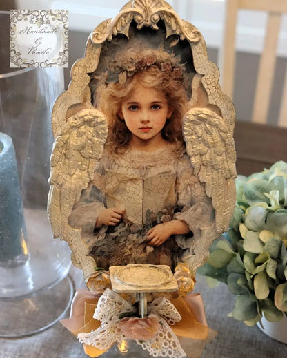 Handcrafted, Mixed Media, Decoupage, Beautiful, Angel, Flameless Candle, Wall Art, Sconce, Home Decor, Shabby Chic, Plaque, Laser Cut MDF Handmade by Pamela