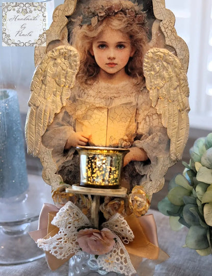 Handcrafted, Mixed Media, Decoupage, Beautiful, Angel, Flameless Candle, Wall Art, Sconce, Home Decor, Shabby Chic, Plaque, Laser Cut MDF Handmade by Pamela