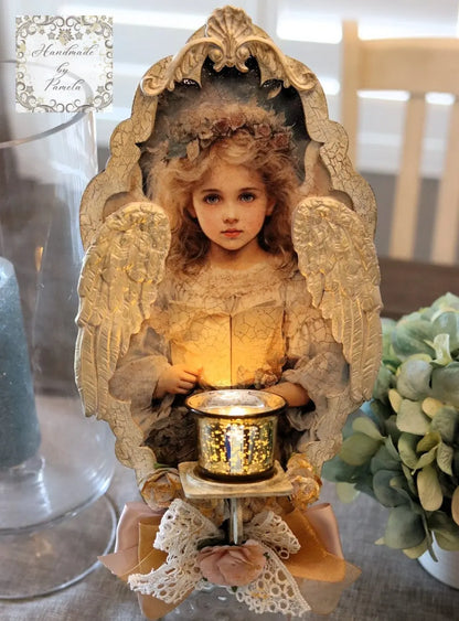 Handcrafted, Mixed Media, Decoupage, Beautiful, Angel, Flameless Candle, Wall Art, Sconce, Home Decor, Shabby Chic, Plaque, Laser Cut MDF Handmade by Pamela