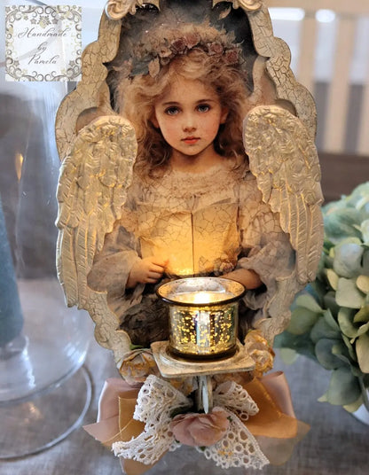 Handcrafted, Mixed Media, Decoupage, Beautiful, Angel, Flameless Candle, Wall Art, Sconce, Home Decor, Shabby Chic, Plaque, Laser Cut MDF Handmade by Pamela