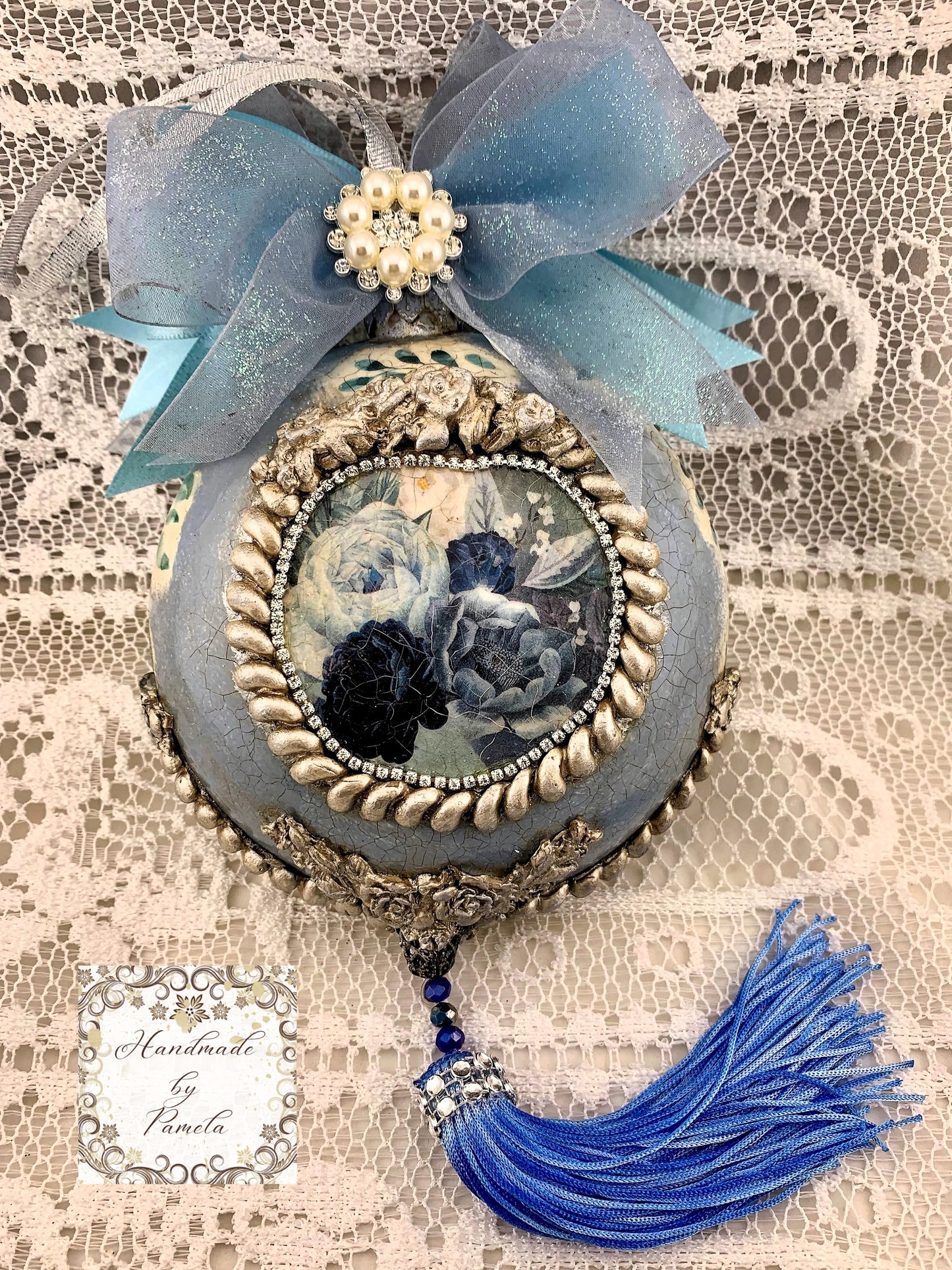 Handcrafted, Christmas, Shabby Chic, Vintage Style, Blue Little Girl Angel, Decoupage Disc Ornament, Nostalgic, Blue, Roses