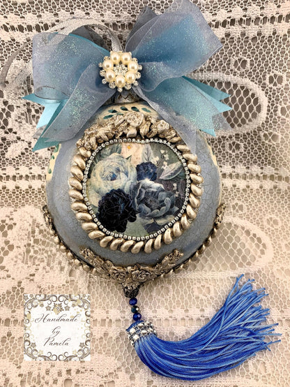 Handcrafted, Christmas, Shabby Chic, Vintage Style, Blue Little Girl Angel, Decoupage Disc Ornament, Nostalgic, Blue, Roses Handmade by Pamela