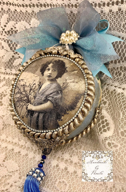 Handcrafted, Christmas, Shabby Chic, Vintage Style, Blue Little Girl Angel, Decoupage Disc Ornament, Nostalgic, Blue, Roses Handmade by Pamela